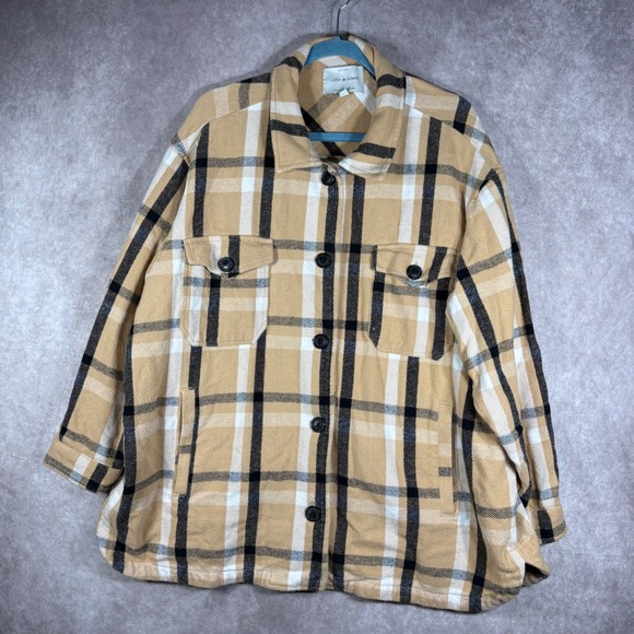 Lucky Brand Jackets & Blazers - Lucky Brand Shacket Womens XL Tan Plaid Button Up Oversized Cotton Flannel Coat